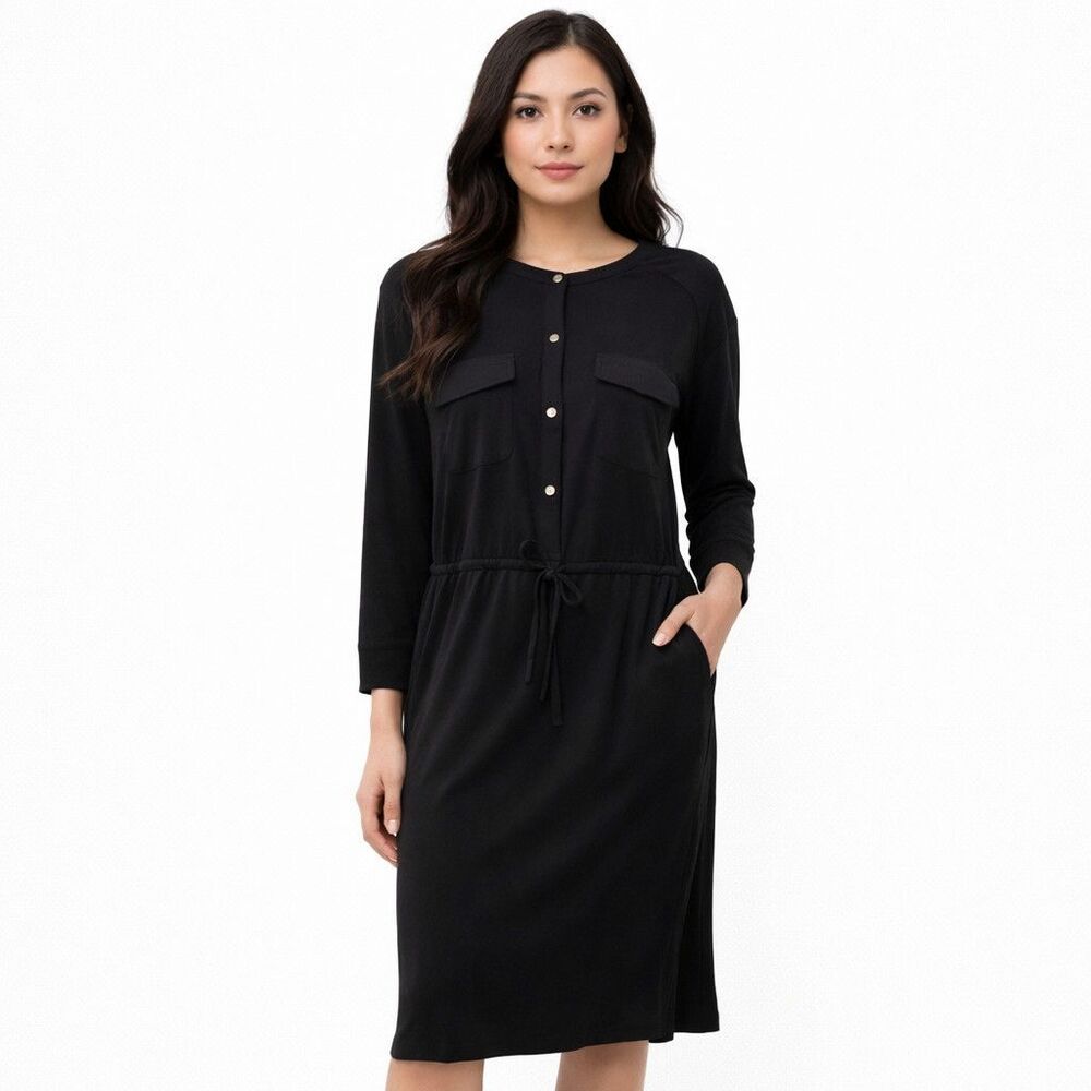 Lou & Grey For LOFT Shirt Dress Womens Medium Black Knit Drawstring Pockets